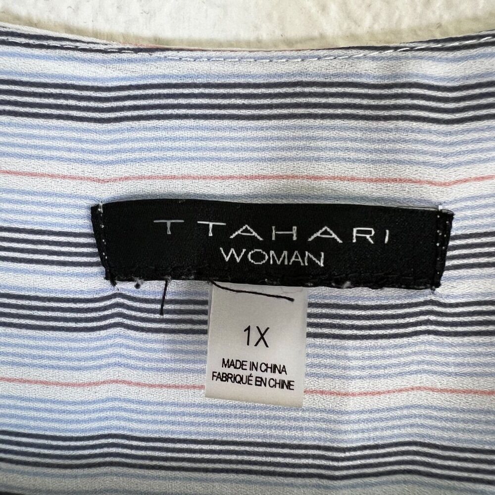 Tahari Women Top White & Blue Striped‎ Long Sleeve Blouse Size 1X - Picture 2 of 7